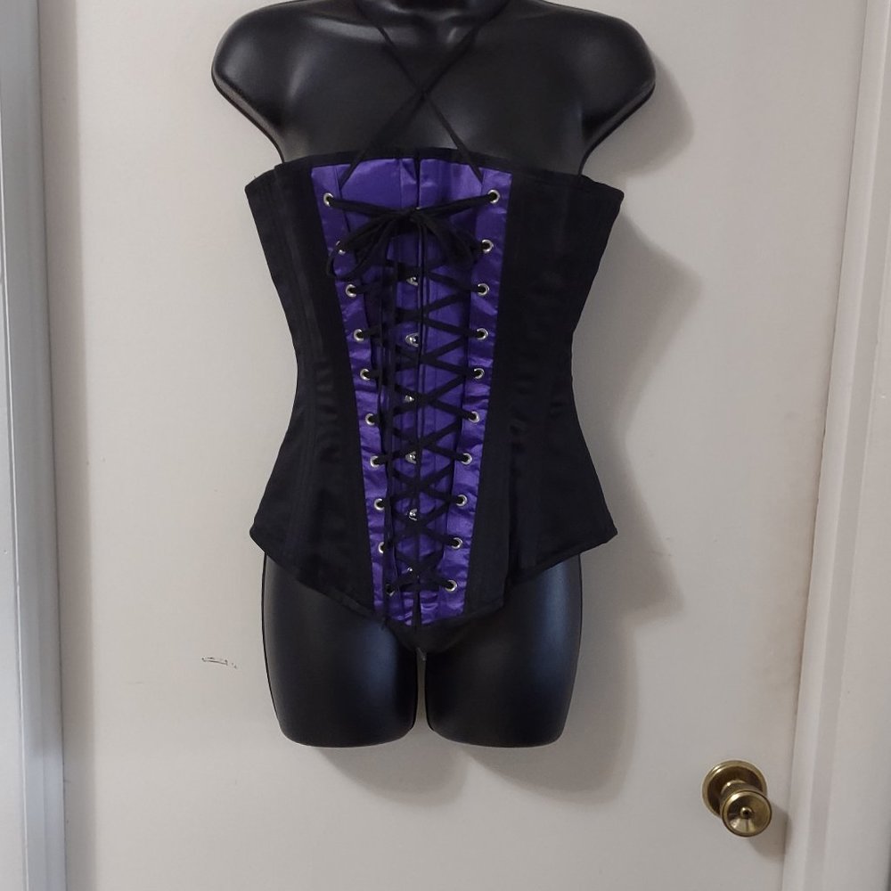 Arcadium Clothing Goth Boned Corset Black and Purple Satin LIKE NEW